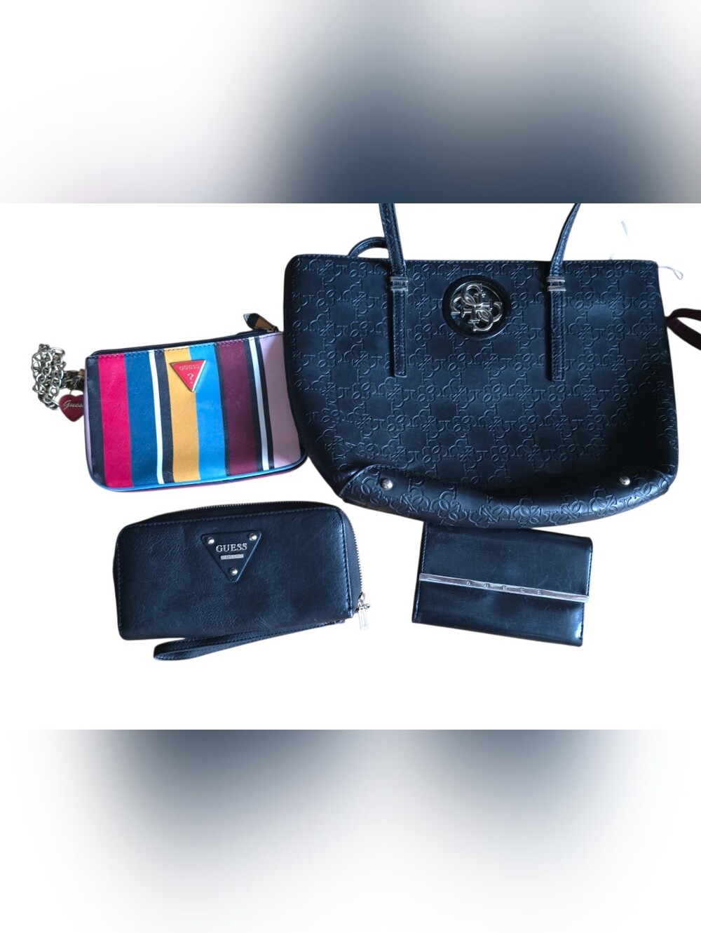 Guess BUNDLE Black Embossed Tote with Striped Pouch and Matching Wallets